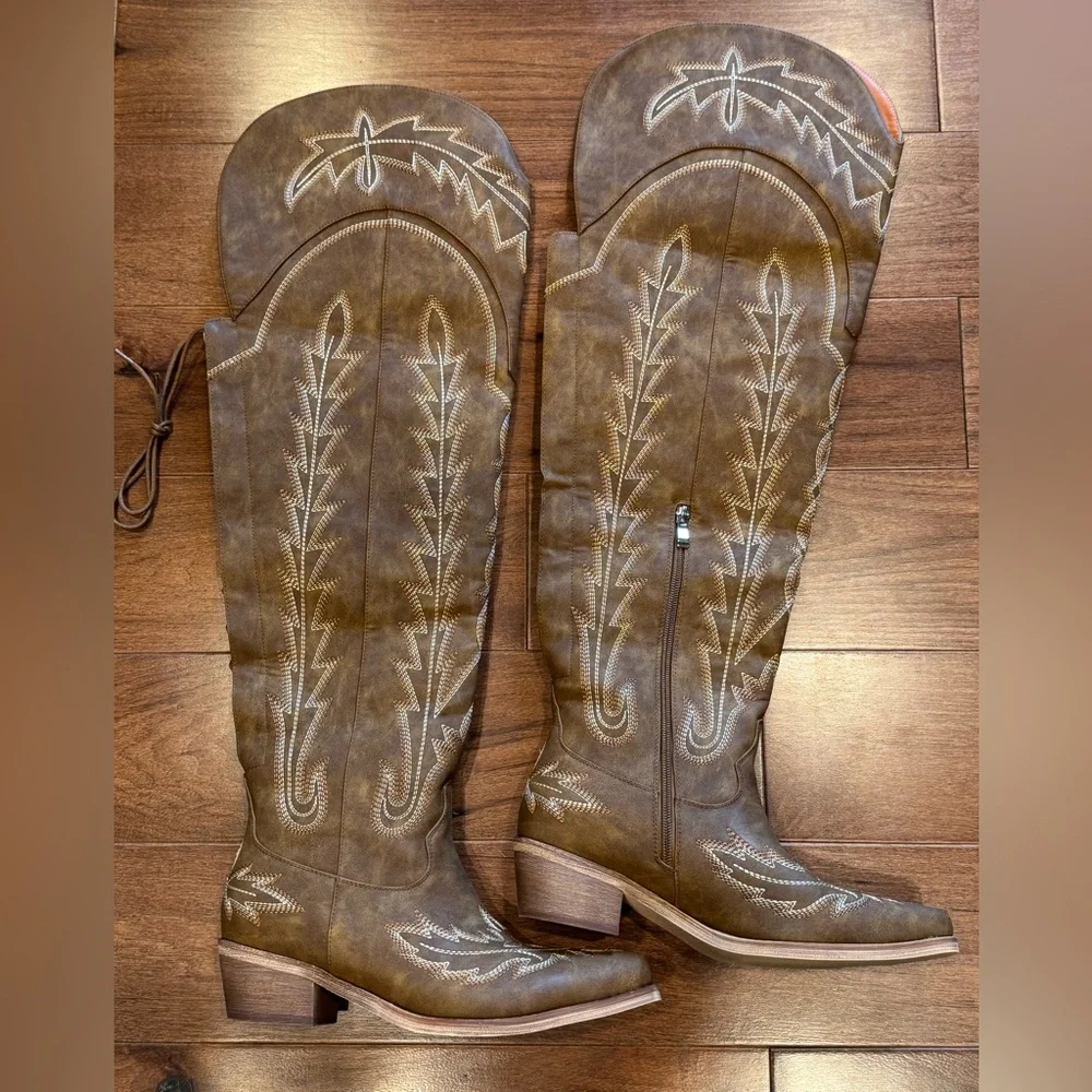 NIB Thigh High Brown Embroidered Cowboy Boots - Picture 2 of 15
